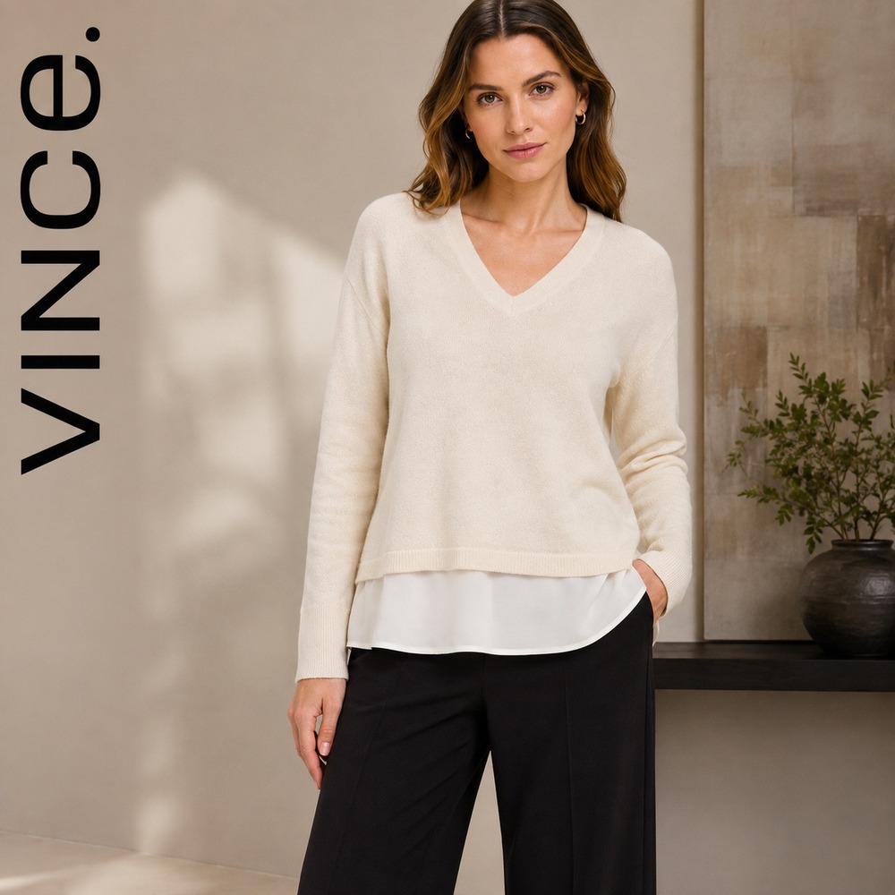 Vince Sweater Women M Cream Wool Cashmere Silk Layered V-Neck Shirttail Chic